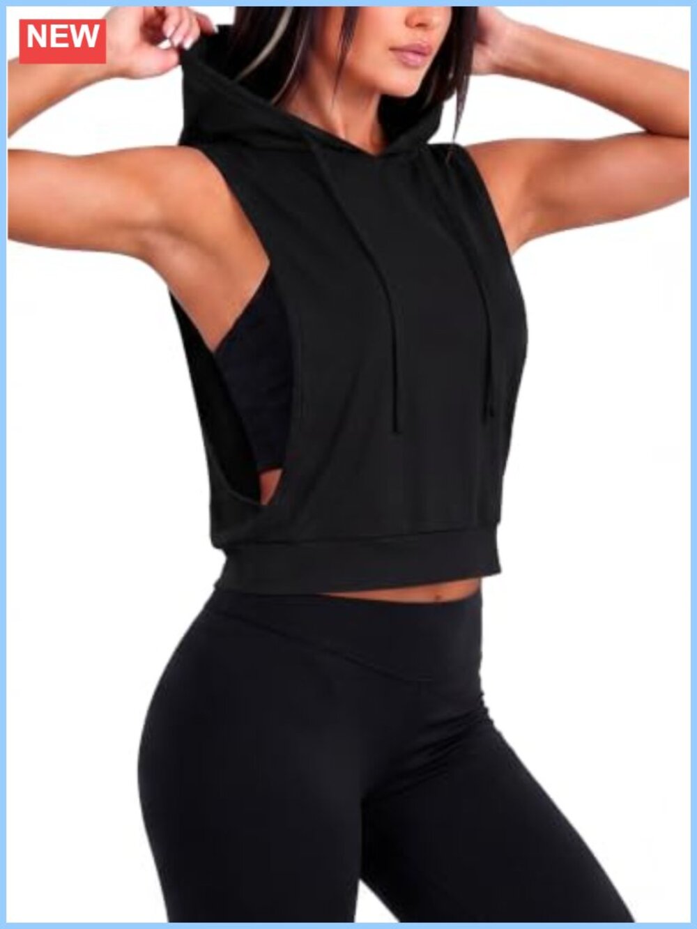 Sleeveless Hooded Crop Tank Top Drawstring Open Side Workout Gym Shirt